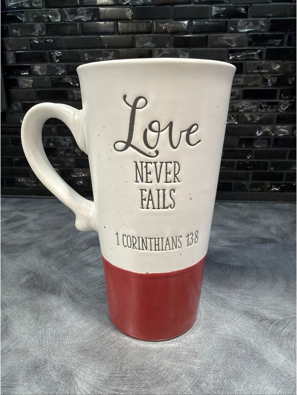 Inspirational Coffee Mug Love Never Fails, 1 Corinthians138